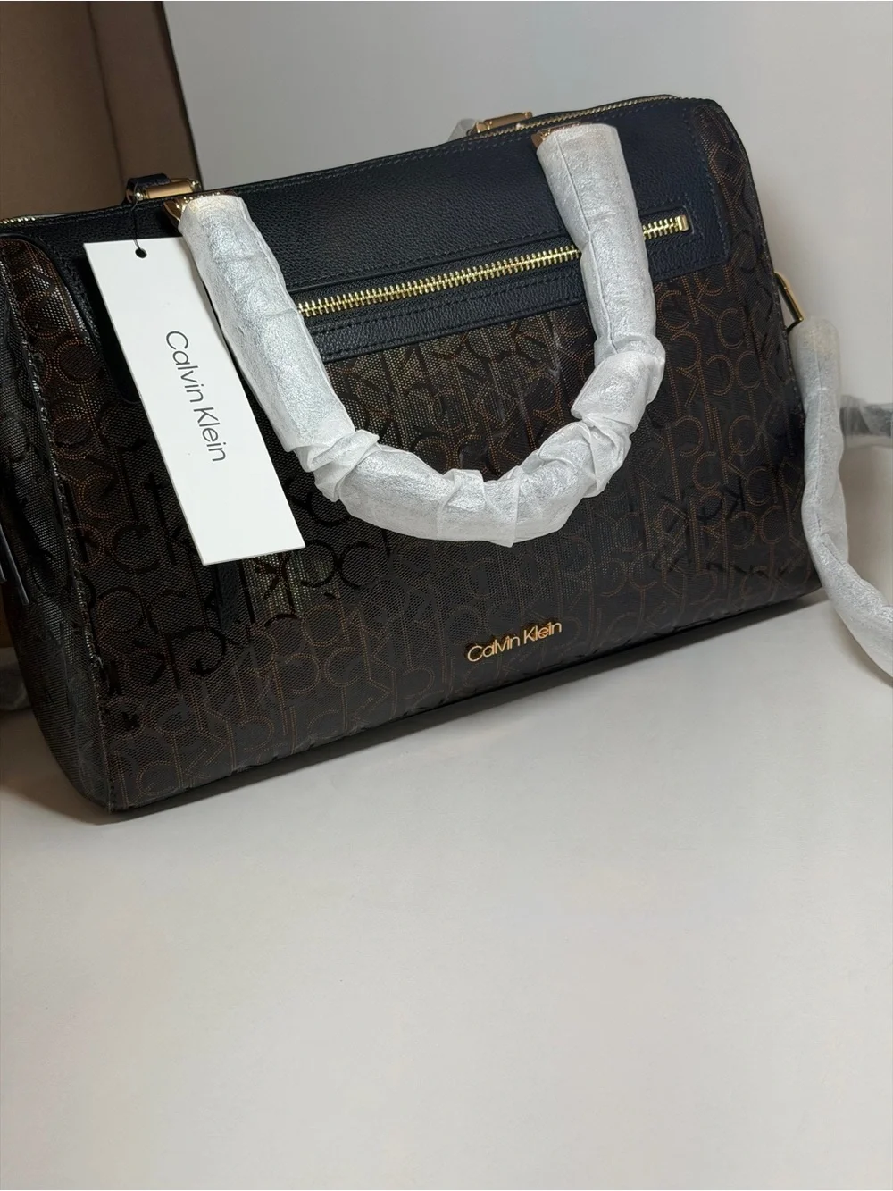 Calvin Klein Brown Monogram Satchel with Gold Hardware